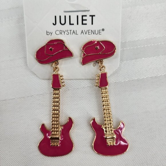CRYSTAL AVENUE Pink Rock & Roll Cowgirl Guitar Earrings NWT - Picture 2 of 3